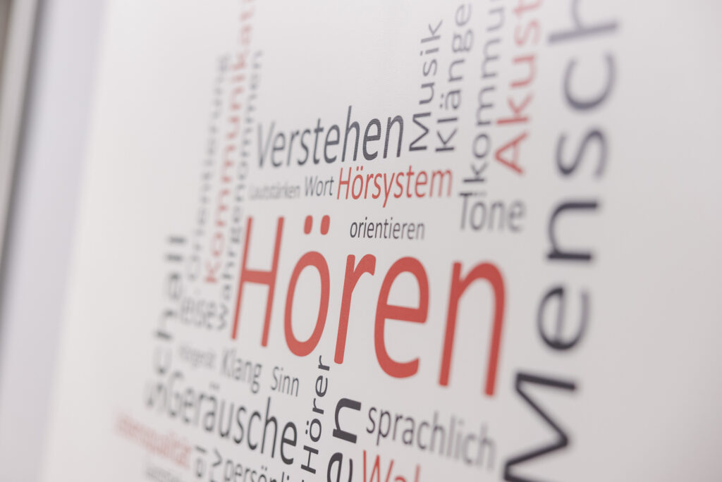 Wortwolke mit Begriffen zum Thema Hören und Hörsysteme
